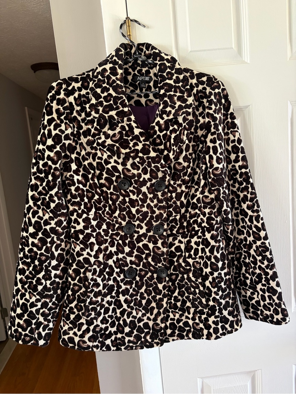 Apt. 9 Women's Leopard Print Double-Breasted Pea Coat - Black/Cream/Brown